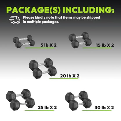 HANDBODE Rubber Coated Hex Dumbbell Set, 90-640 lb - size: 190 lb set (pair of 5, 15, 20, 25, 30)