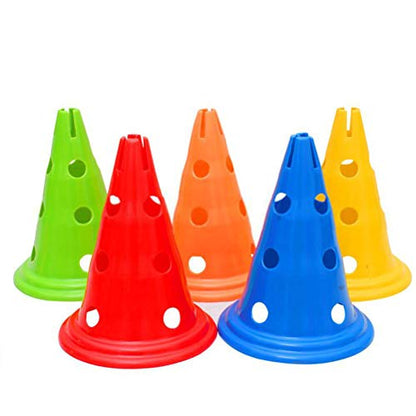 Football Training Cones, 5 Pieces Bright PE Agility Cones with Holes for Football Practice Obstacle Course Indoor Outdoor Speed Training Red Yellow Blue Green Orange