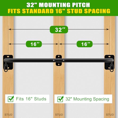 SELEWARE Heavy Duty Wall Mount Pull Up Bar, Joist Mount Chin Up Bar for Doorway, Sturdy Steel Construction, w/Resistance Band Hooks, Fits 32"/36" Wall Studs for Home Gym Strength Training - size: A: 32" x 1.3" Dia Grip