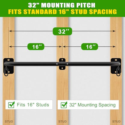 SELEWARE Heavy Duty Wall Mount Pull Up Bar, Joist Mount Chin Up Bar for Doorway, Sturdy Steel Construction, w/Resistance Band Hooks, Fits 32"/36" Wall Studs for Home Gym Strength Training - size: A: 32" x 1.3" Dia Grip