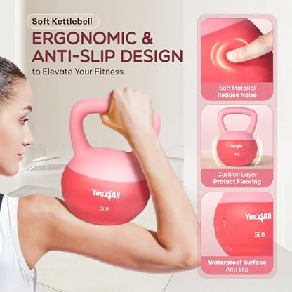 Yes4All Soft Kettlebell, PVC Strength Training Kettlebells for Women, Floor Protection & Quiet, Wide Handle, Aesthetic Soft Weights (5,10,15,20lb) for Home Gym, Fitness Beginners - color: 05lb - Pink