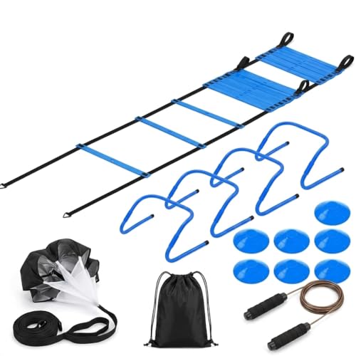 Agility Ladder Training Set - Blue Speed & Footwork Training Equipment with Resistance Parachute, Hurdles, Cones, Jump Rope and Carrying Bag for Sports, Fitness and Soccer Training