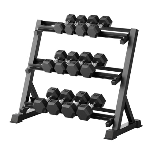 RitFit Rubber Coated Hex Dumbbell Set with Rack, 5-780LB for Home Gym Strength Training, Anti-Slip Knurled Handle, Hexagon Anti-Roll, Heavy-Duty Storage Rack - style: 390LB Set-3-Tier Rack (20-45LB）