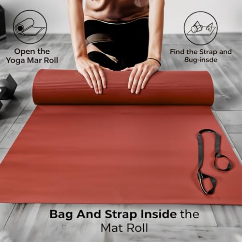 Thick Yoga Mat for Exercise & Pilates – Non Slip Yoga Mats with Strap, Extra Wide Gym Matt for Home, Lightweight & Durable Pilates Mat for Studio Fitness