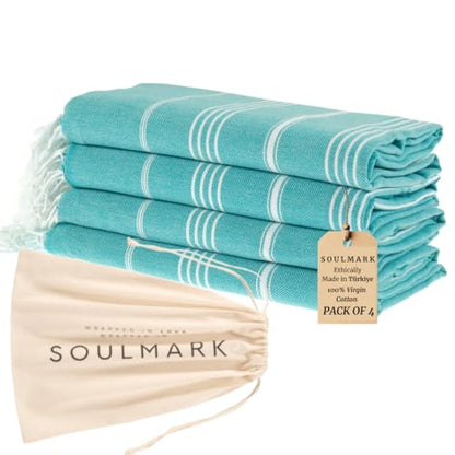 SOULMARK 100% Cotton Turkish Beach Towel with Bag - 38"x71" - 4 Pack - Made in Green & Oeko TEX Certified - Pre-Washed & Sand Free - Quick Dry and Lightweight for Travel - Made in Turkey - Mint Green