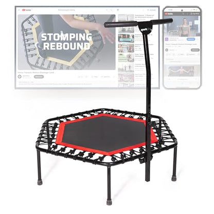 SportPlus+ Indoor Trampoline, Blue/Green/Red, Rebounder Home Fitness Trampoline with Height Adjustable Bar