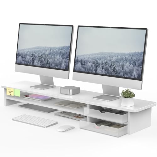 Fenge Monitor Stand, Desk Computer Riser with Frosted Storage Drawer, White - color: White