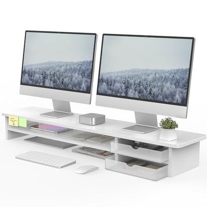 Fenge Monitor Stand, Desk Computer Riser with Frosted Storage Drawer, White - color: White