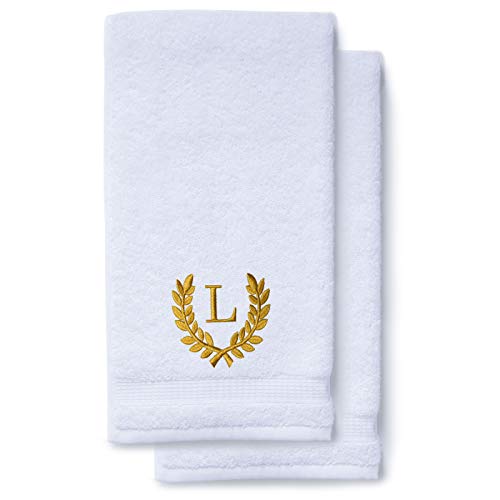 Decorative and Monogrammed Hand Towels for Bathroom Kitchen Makeup | Personalized Gift for Wedding-Bridal | Roman Font Custom Luxury Turkish Towel | Spa Collection, Oversized, 16 X 30 Inch, Set of 2 - color: Gold, size: Initial L