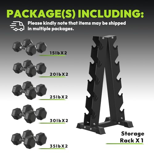HANDBODE Hex Dumbbell Sets with Rack, 100-165 lb Rubber Encased Dumbbells for Strength Training, Exercise & Fitness, Home Gym Weight Set with Rack - style: 250 lb (15, 20, 25, 30, 35 lb) X 2 & Rack