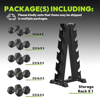 HANDBODE Hex Dumbbell Sets with Rack, 100-165 lb Rubber Encased Dumbbells for Strength Training, Exercise & Fitness, Home Gym Weight Set with Rack - style: 250 lb (15, 20, 25, 30, 35 lb) X 2 & Rack