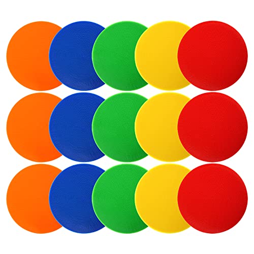 Okllen 15 Pack Poly Vinyl Spot Markers, 9 Inch Floor Dots Non-Slip Rubber Agility Dots, Flat Field Cones Circles for Training, Exercise Drills, Gym, Football, Basketball, 5 Colors