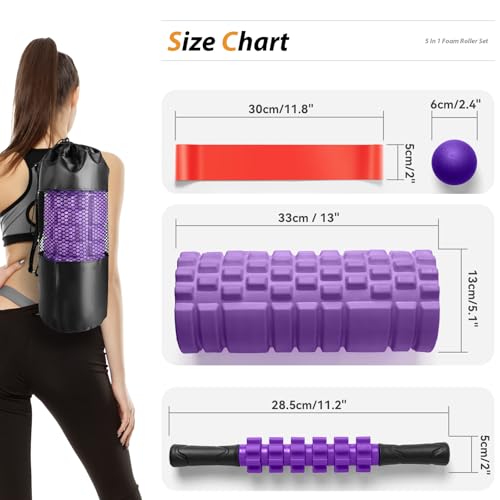 5 in 1 Foam Roller Set for Deep Tissue Muscle Massage, High Density Trigger Point Fitness Patented Exercise Foam Roller, Massage Roller, Massage Ball, Resistance Band, for Whole Body(Purple)