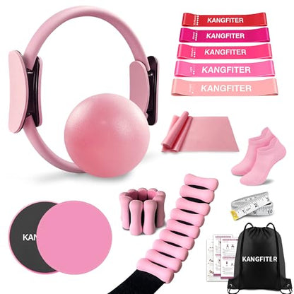 Pilates Equipment Kit for Home Workout, Pilates Ring and Ball Set with Adjustable Ankle Wrist Weights, Resistance Bands, Tape Measure, Bag, Pilates Essentials Accessories for Women Yoga