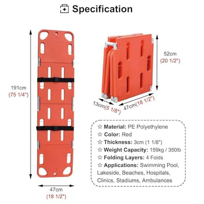 Emerncy Spine Board Stretcher - Foldable Backboard, 350lbs Weight Capaci, Water-Resistant Floatable First Aid Board with Safe Belt for Lifeguards(4 Folds)