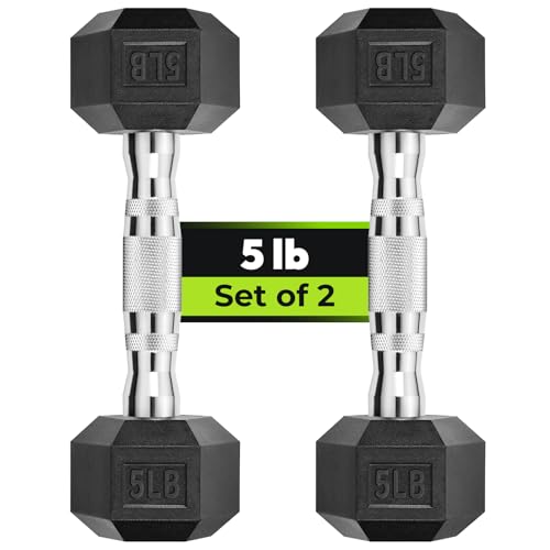 HANDBODE Hex Dumbbell Set, 2.5-65 lb Rubber Encased Exercise & Fitness Dumbbells, Weights Dumbbells Set of 2, Hand Weight for Strength Training - size: 5 lb, Pair, style: Chrome Handle