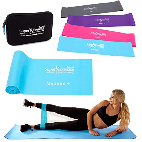 USA 14" x 3" Extra Long Latex Free Mini Loop and Flat Resistance Band 5 Set. in Light, Medium or Heavy Strength. Includes an Exclusive iPhone App, E-Book, and Carry Bag. - color: b. MEDIUM STRENGTH SKY BLUE Set