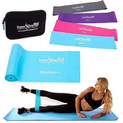 USA 14" x 3" Extra Long Latex Free Mini Loop and Flat Resistance Band 5 Set. in Light, Medium or Heavy Strength. Includes an Exclusive iPhone App, E-Book, and Carry Bag. - color: b. MEDIUM STRENGTH SKY BLUE Set