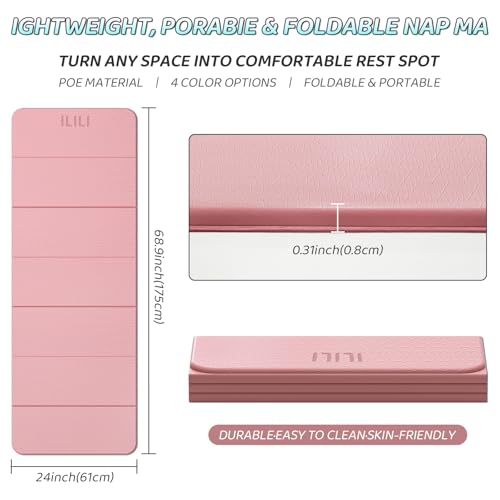 ILILI Foldable Yoga Mat 71 * 24 * 0.3'' - TPE Non-Slip Fitness Mat for Home，Waterproof & Lightweight (2lb) for Home Gym, Pilates & Stretching,Fitness Workouts - color: LIGHT PINK