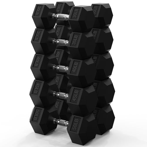 PAPABABE Hex Dumbbell Set 45-550 lb, Rubber Encased Home Gym Dumbbells, Weights Dumbbells for Women & Men, Hand Weight for Strength Training - size: 400 lb Set (Pair of 30, 35, 40, 45, 50), style: Chrome Grip