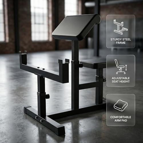 Black Adjustable Preacher Curl Bench – 2-in-1 Bicep & Triceps Strength Station | Seated Isolation Training for Barbell & Dumbbell | Compact Home Gym Equipment