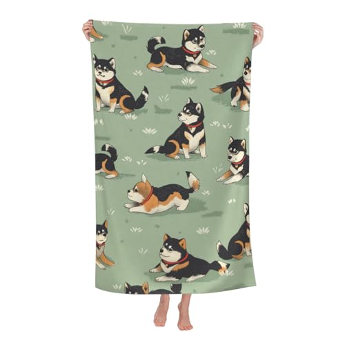 Cute Shiba Inu Beach Towel,32x52in Microfiber Quick Dry Cartoon Dog Puppy Green Bath Towels,Soft Lightweight Oversized Sand Free,for Travel Pool Swimming Gym Decor,Gifts - color: Shiba Inu