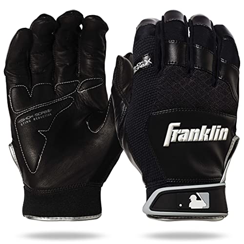 Franklin Sports MLB Baseball Batting Gloves - Shok-Sorb X Batting Gloves for Baseball + Softball - Adult + Youth Padded Non-Sting Batting Glove Pairs - Multiple Colors + Sizes - color: Black/Black, size: Adult Large