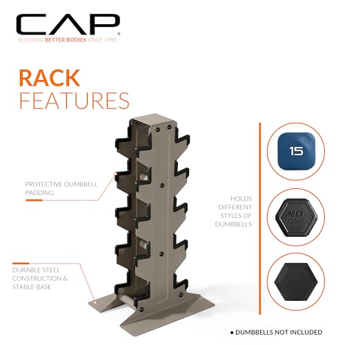 CAP Dumbbell Set with Rack, Rubber Coated Hex Free Weight Set | 100–300 lb Options, Vertical Space-Saving Storage for Home Gym Strength Training - size: 150 lb Set - Tan Rack, style: Chrome Handle