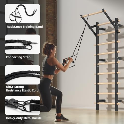 Swedish Ladder, Wood Stall Bar with Suspension Trainer Straps, Pull-Up Dip Bar Attachment, Strategic Rods, for Home, School, hysical Therapy and Gymnastics