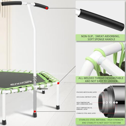 Newan 48'' Fitness Trampoline with Adjustable Handle Bar, Silent Trampoline Bungee Rebounder Jumping Cardio Trainer Workout for Adults - Max Limit 330 lbs - color: Green