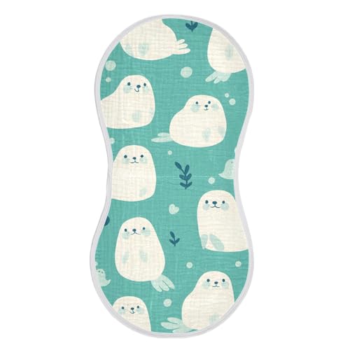 Cute Seal Teal Muslin Burp Cloths 2 Pack - Extra Large 22"x11", 4-Layer Soft Absorbent Cotton, Waterproof Backing, Baby Drool Rags for Newborn