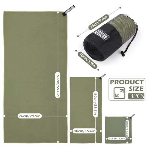 Father's Day Quick Dry Towels 3 Pack, Ultra Soft Lightweight Microfiber Towel Fast Drying Travel Towels with Bag, Highly Absorbent Compact for Camping, Beach, Yoga, Swimming Gym Army Green - color: Army Green