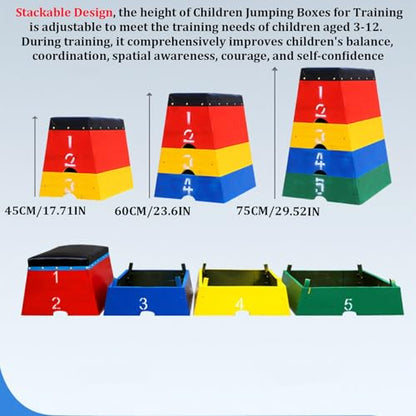 Jumping Boxes for Training, Wood Plyo Box, 4 in 1 Stackable Soft Jump Plyometric Box for Kids Fitness Participation, for Home Primary Schools and Kindergartens, PE Class