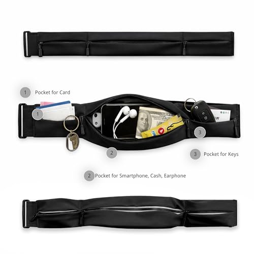 Running Belt for Men Women, Water-resistant Fanny Pack with 3 Zipper Pockets & Reflective Safety Strips, Adjustable Waist Pack Jogging Pouch for Phone, Keys & Essentials (Black, Large)