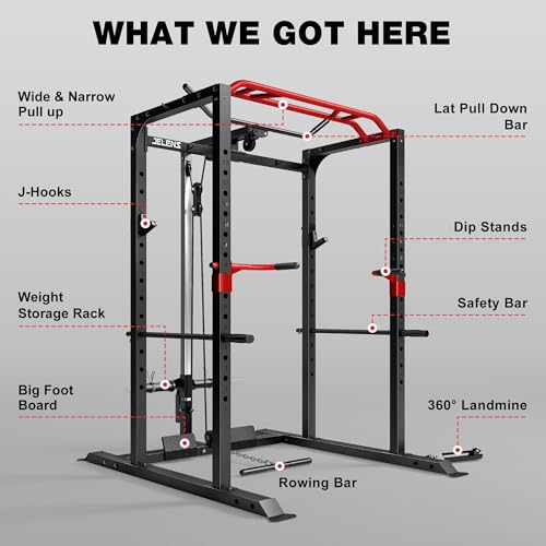 S11 Power Cage, 2000LB Multi-Function Power Rack with LAT Pulldown, Squat Rack with Adjustable Pulley System and Training Attachments, Weight Rack for Home Gym - style: S11 Power Cage