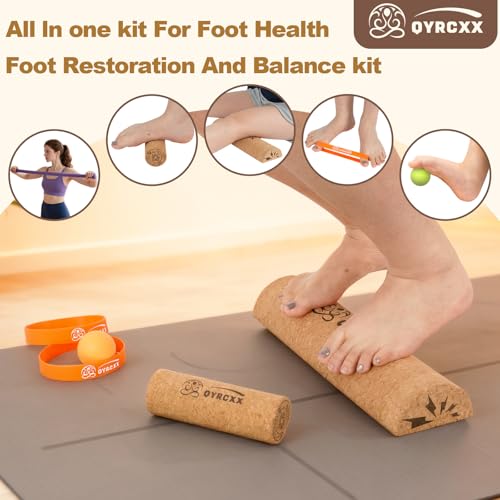 Cork 4-in-1 Balance Board Kit with Massage Roller & Ball, Toe Resistance Bands, Storage Bag & Exercise Guide - Plantar Fasciitis Recovery, Physical Therapy, Prevent Falls & Enhance Mobility