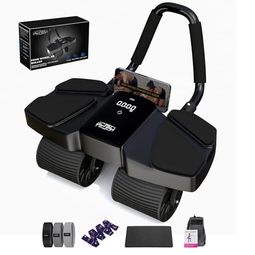 Ab Roller Home Gym Equipment – 4 Wheels Ab Wheel Muscle Roller with Automatic Rebound, Yoga Stretching Strap, 3 Resistance Bands – Comfortable Elbow Support with Non-Slip Handles – Built-in Workout Tracker