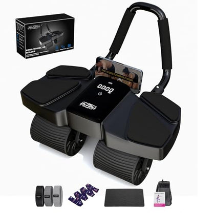 Ab Roller Home Gym Equipment – 4 Wheels Ab Wheel Muscle Roller with Automatic Rebound, Yoga Stretching Strap, 3 Resistance Bands – Comfortable Elbow Support with Non-Slip Handles – Built-in Workout Tracker