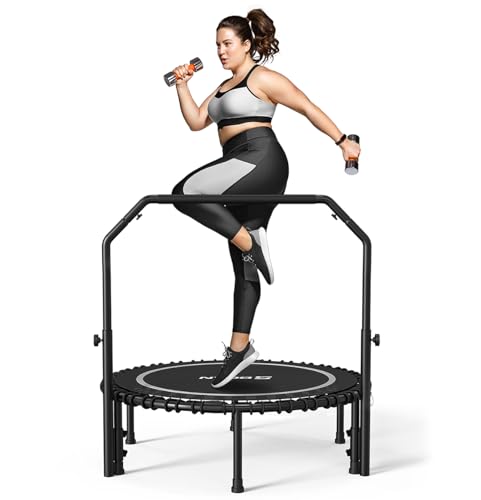 BCAN Adult Mini Trampoline, 40" Fitness Trampoline with Bungees, U Shape Adjustable Foam Handle, Stable & Quiet, Indoor Outdoor Workout-Silver