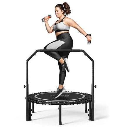 BCAN Adult Mini Trampoline, 40" Fitness Trampoline with Bungees, U Shape Adjustable Foam Handle, Stable & Quiet, Indoor Outdoor Workout-Silver