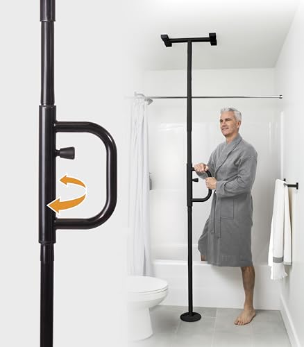 Stander Wonder Pole with Rotating Single Grab Bar, Tension Mounted Floor to Ceiling Transfer Pole for Seniors & Elderly Adults, No-Drill Support Rail with Assist Handle for Home & Bath Safety, Black - color: Metallic Black