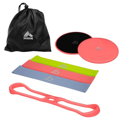 RBX 5 Piece Home Gym Workout Kit - Light, Medium, Heavy Resistance Bands, Figure 8 Resistance Tube, Pilates Core Sliders & Carry Bag