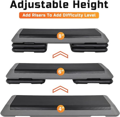 43" Exercise Aerobic Step Platform, Adjustable Fitness Stepper, with 4 Removable Risers for Home Gym Cardio Strength and Training - color: Black