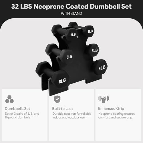 BalanceFrom Neoprene Coated Iron Dumbbell Hex Weights Set with Stand – Color-Coded or Black Options with Non-Slip Grip for Strength Training, Resistance Workouts, and Home Gym Fitness
