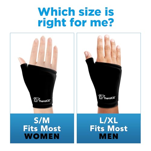 TheraICE Wrist Ice Pack Wrap Thumb Brace for Either Hand for Hot & Cold Therapy - Reusable Soft Gel Glove for Injuries, Carpal Tunnel, Arthritis, De Quervain's Tenosynovitis - Fits Most Men - L/XL