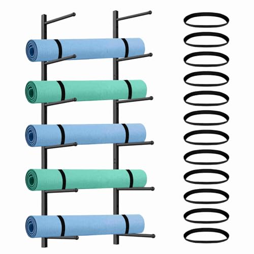Yoga Mat Holder Wall Mount with 12 Straps, 6 Tier Metal Yoga Mat Storage Rack Home Gym Exercise Workout Equipment Organizer for Foam Roller Resistance Bands