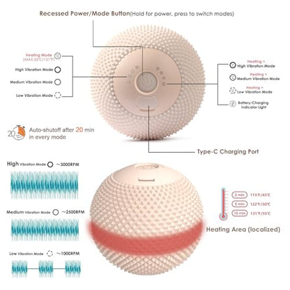 Heating Vibrating Massage Ball with 7 Modes & Memory Function for Myofascial Release, Deep Tissue and Trigger Point Muscle Therapy - Targets Back, Hip, Leg, Neck & Foot (Beige)