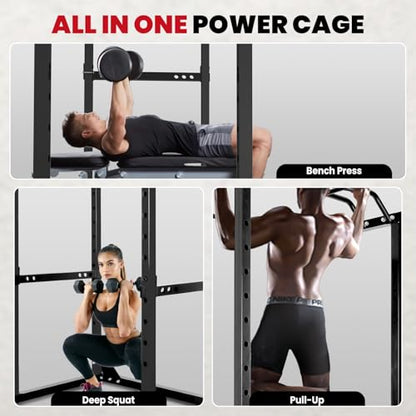 Power Cage 1800 LBS Capacity Multifunctional Power Racks for Home Gym, 2 in 1 Squat Rack with Skinny Pull Up Bar, Pin and Pipe Safeties, Standard J-Hooks, Power Rack for Bench Press Deep Squat