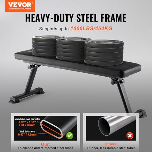 VEVOR Flat Weight Bench, Foldable Strength Training Bench, Utility Workout Bench for Full Body Workout, 1000 LBS Press Bench for Home Gym Exercise, for Multi-Purpose Weight Training and Ab Exercises