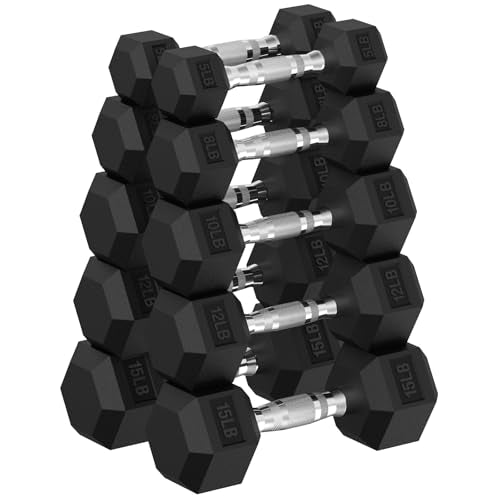 Hex Dumbbell Sets, 90-640 lb Rubber Encased Exercise & Fitness Dumbbells Set, Hand Weight for Strength Training, Weight Dumbbells - size: 100 lb Set (Pair of 5, 8, 10, 12, 15 lb)